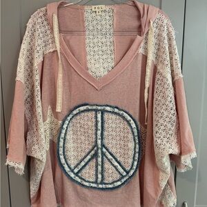 POL Lace-Trimmed Pink Hoodie with Blue Peace Sign